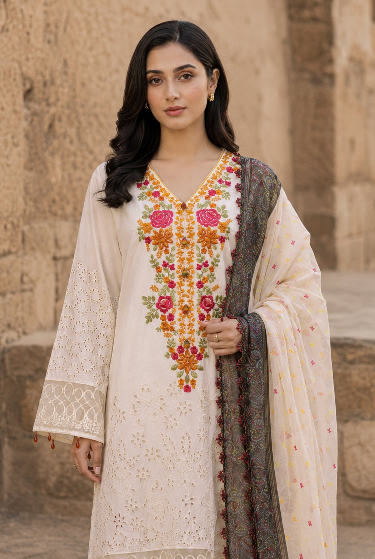 Flora F-35 stitched embroidered viscose 3 piece suit