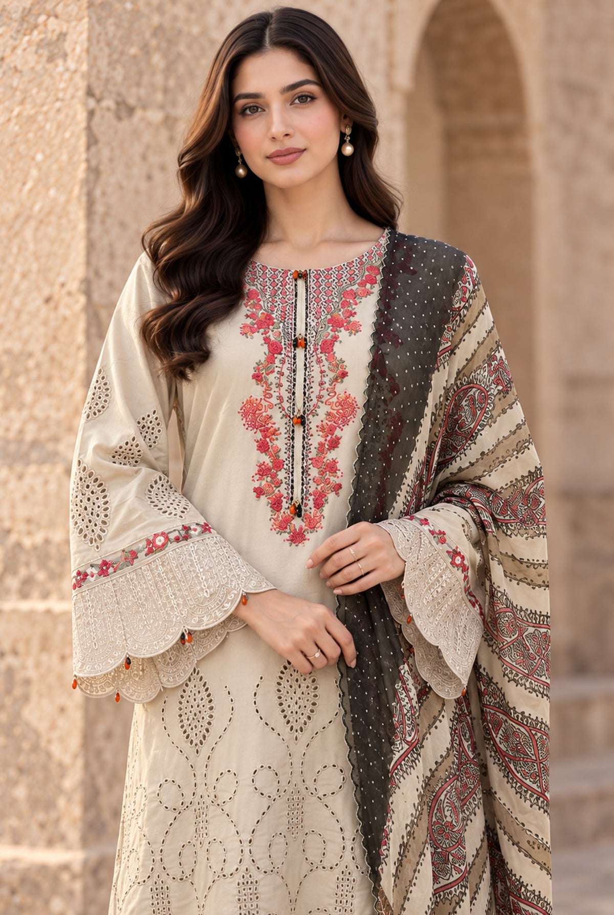 Flora F-39 stitched embroidered viscose 3 piece suit