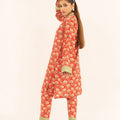 Aroma A-22 digital printed lawn 2 piece suit in red with white floral print and sage green cuffs — angled rear view