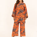 Aroma A-24 digital printed lawn 2 piece suit in orange with navy botanical print — front view