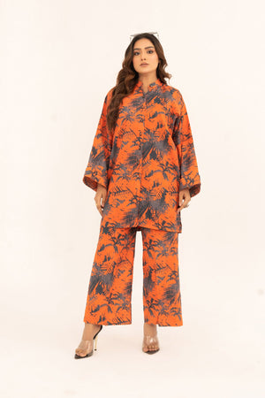 Aroma A-24 digital printed lawn 2 piece suit in orange with navy botanical print — front view