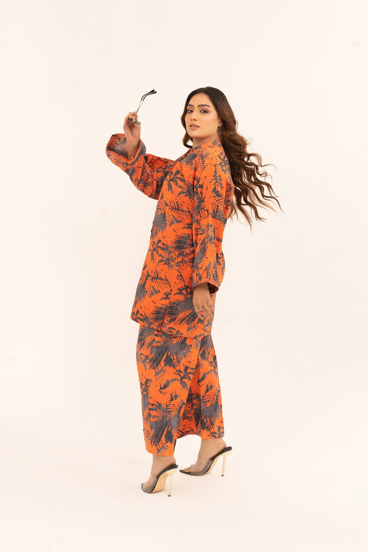 Aroma A-24 orange and navy printed lawn Pakistani 2 piece suit — second view