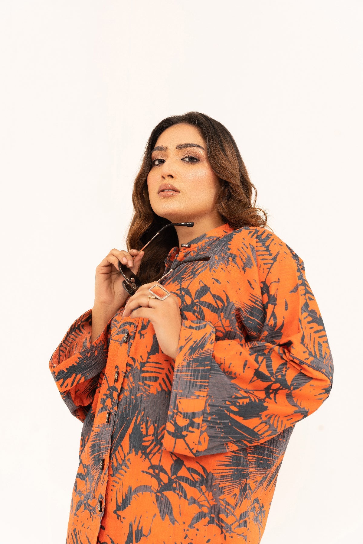 Aroma A-24 orange and navy printed lawn Pakistani 2 piece suit — third view