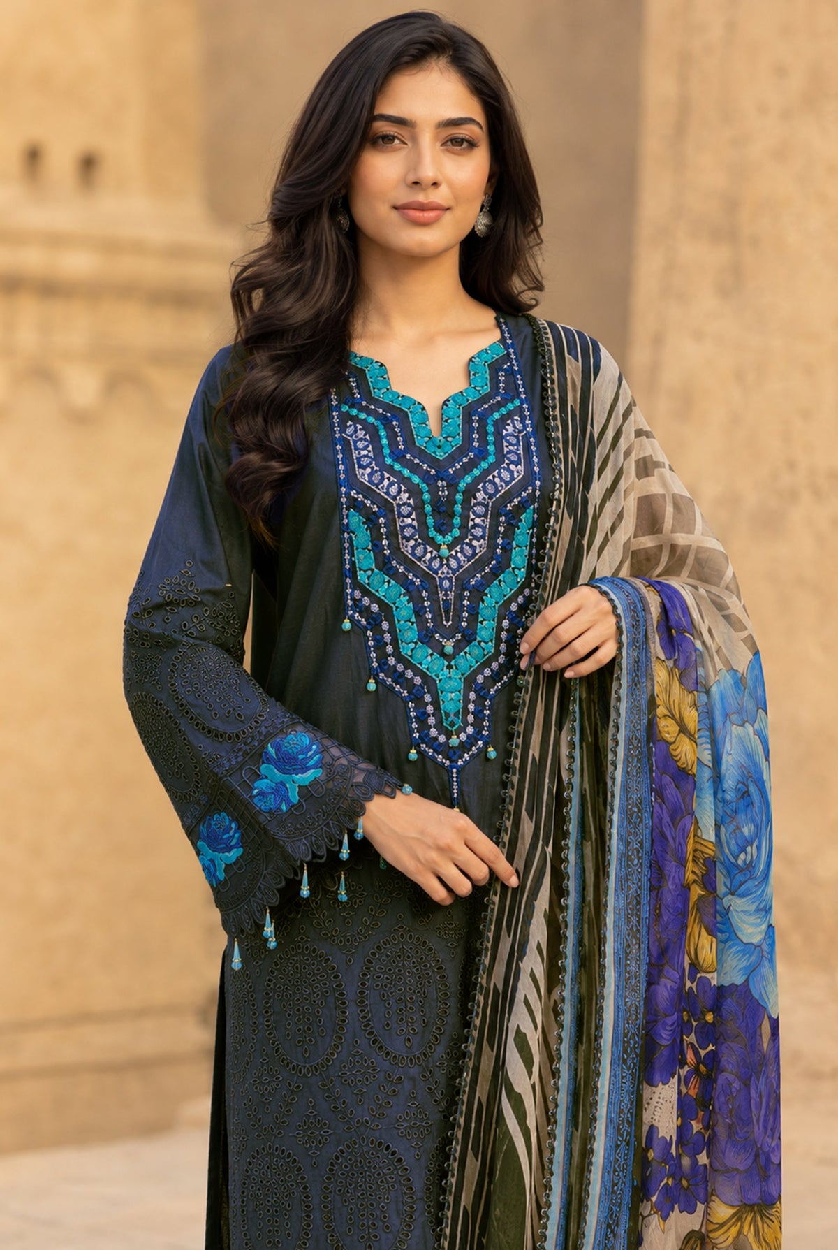 Flora F-32 stitched embroidered viscose 3 piece suit
