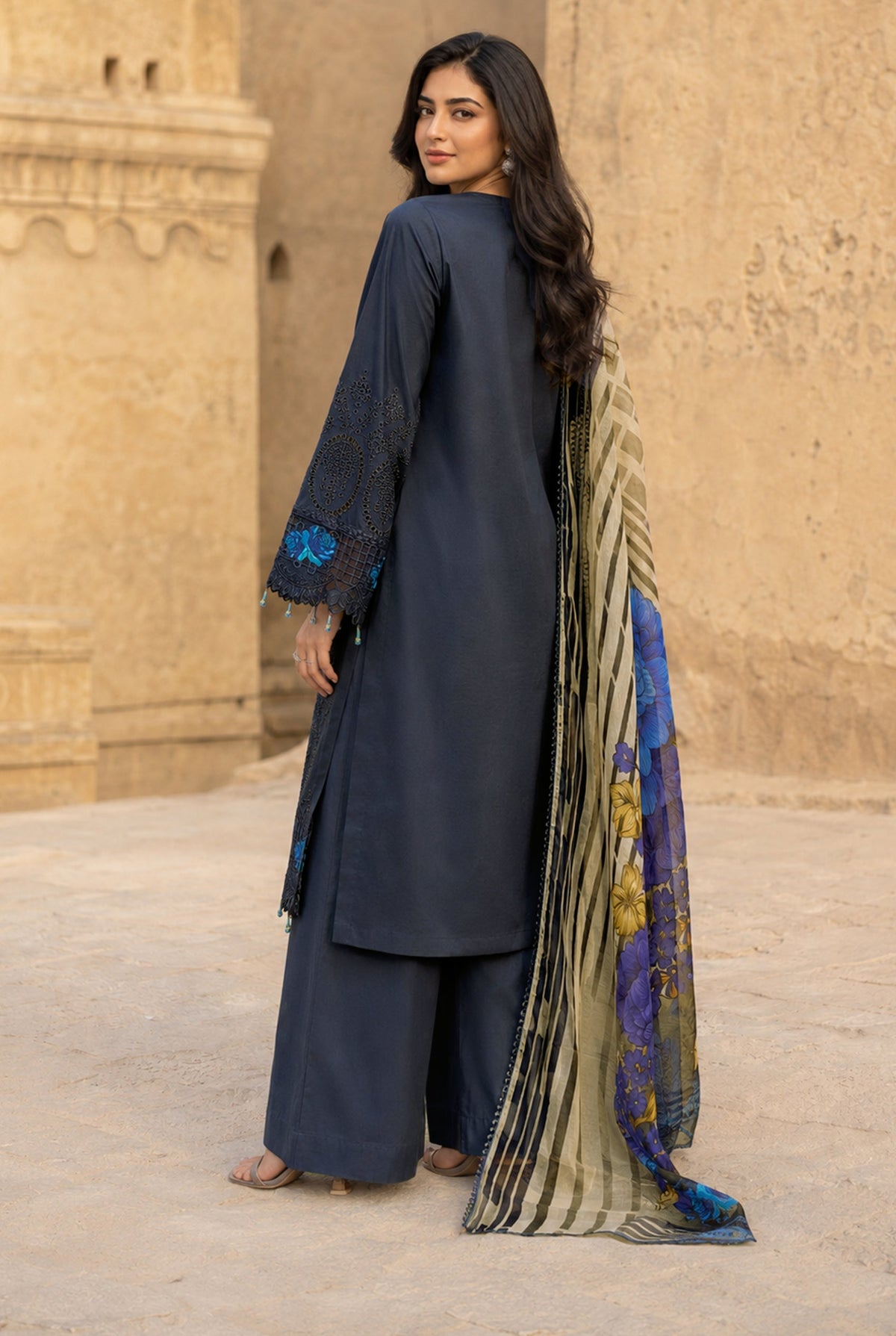 Flora F-32 stitched embroidered viscose 3 piece suit