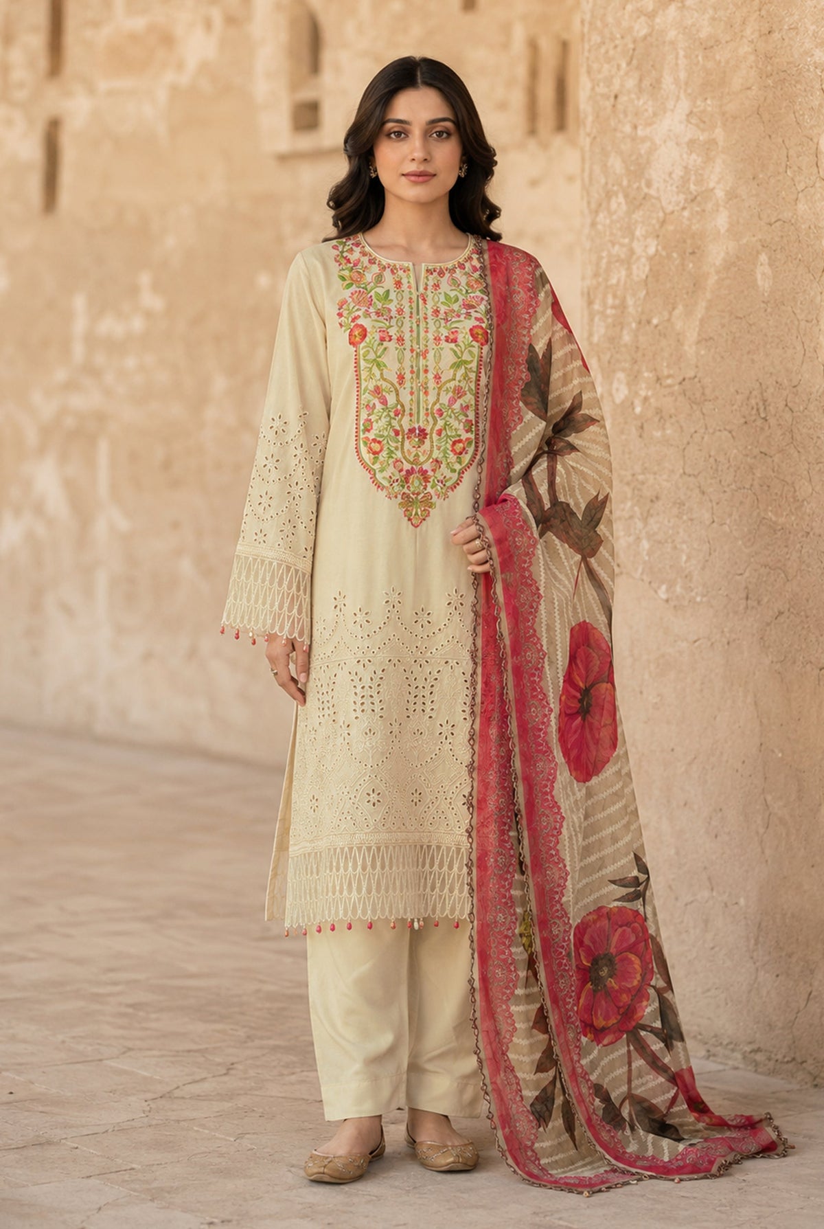 Flora F-33 stitched embroidered viscose 3 piece suit