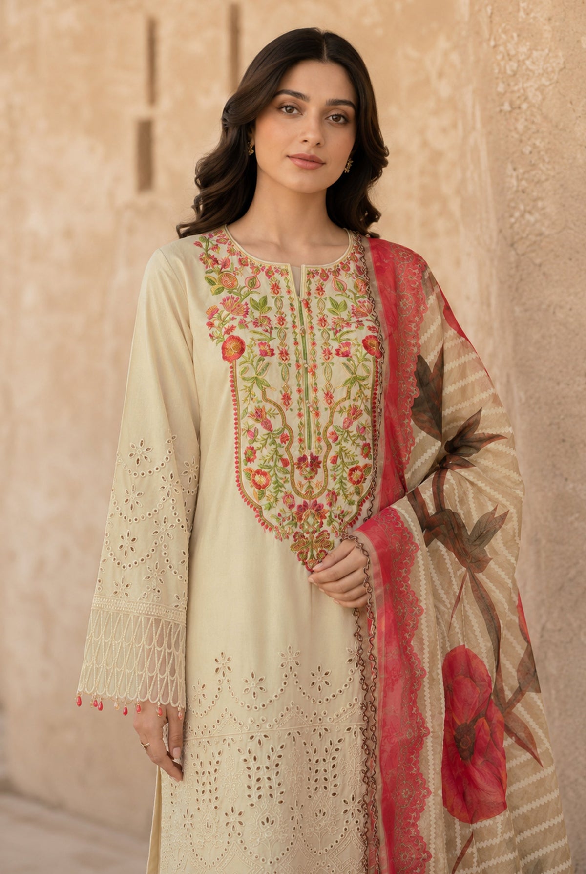 Flora F-33 stitched embroidered viscose 3 piece suit