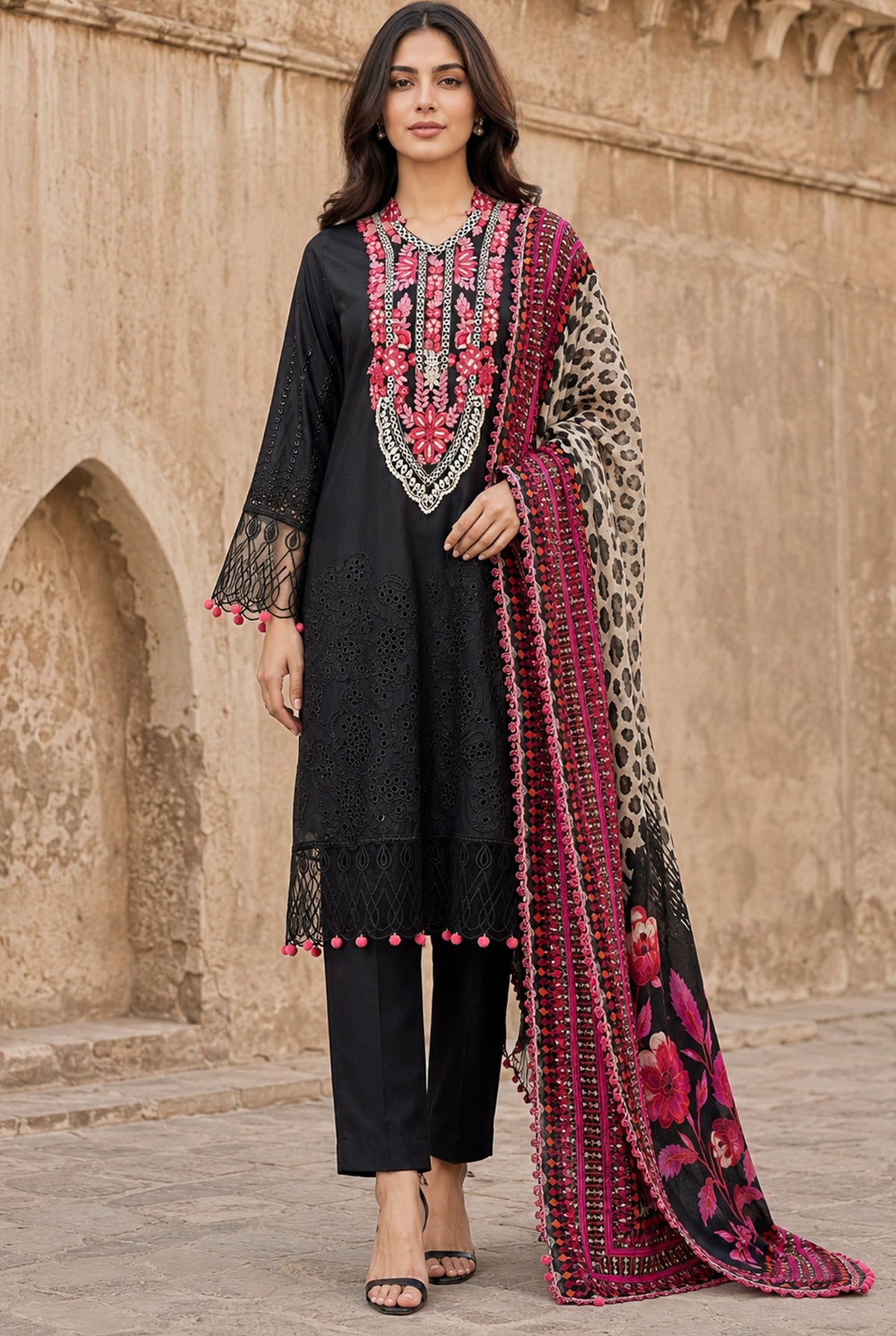 Flora F-34 stitched embroidered viscose 3 piece suit