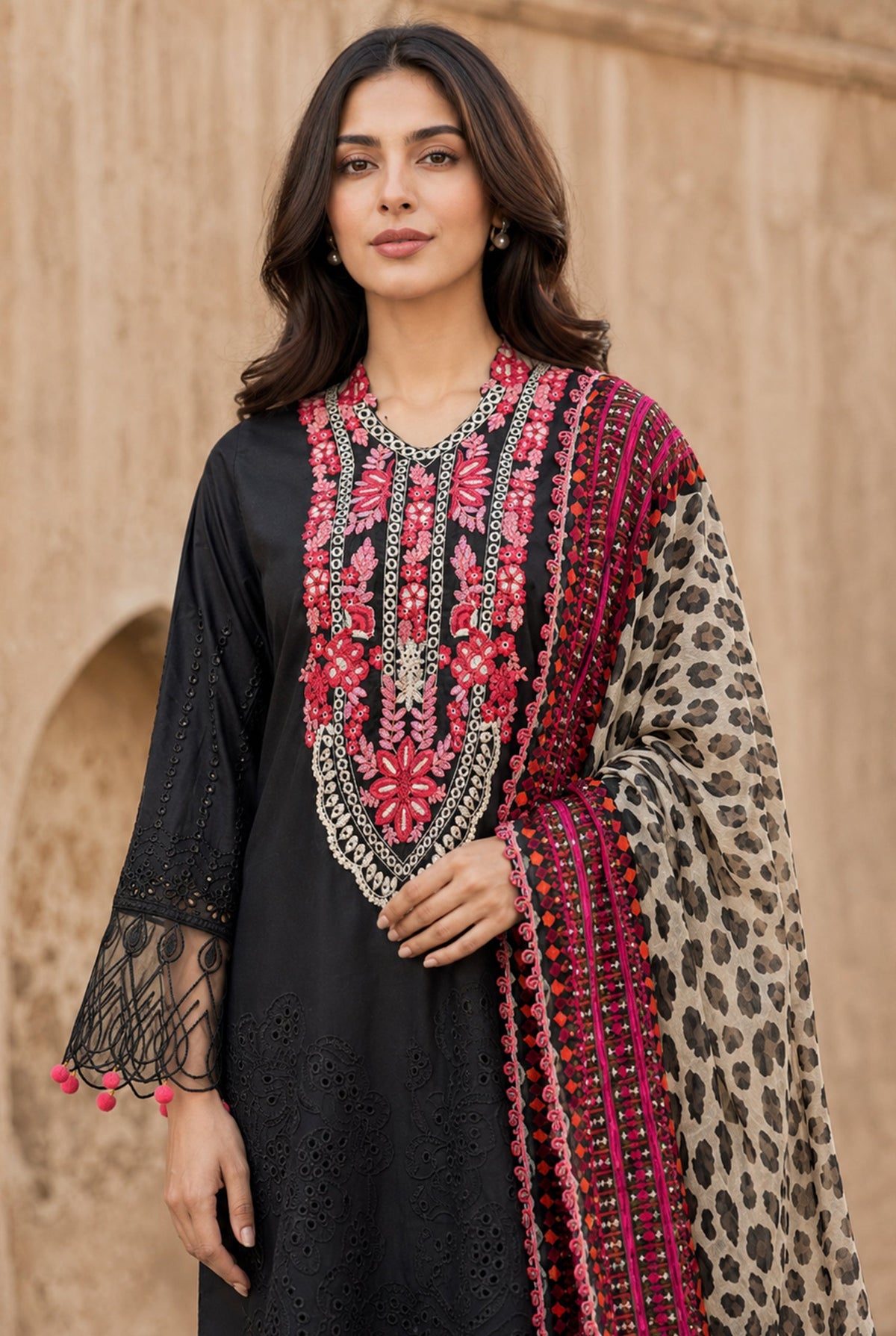 Flora F-34 stitched embroidered viscose 3 piece suit