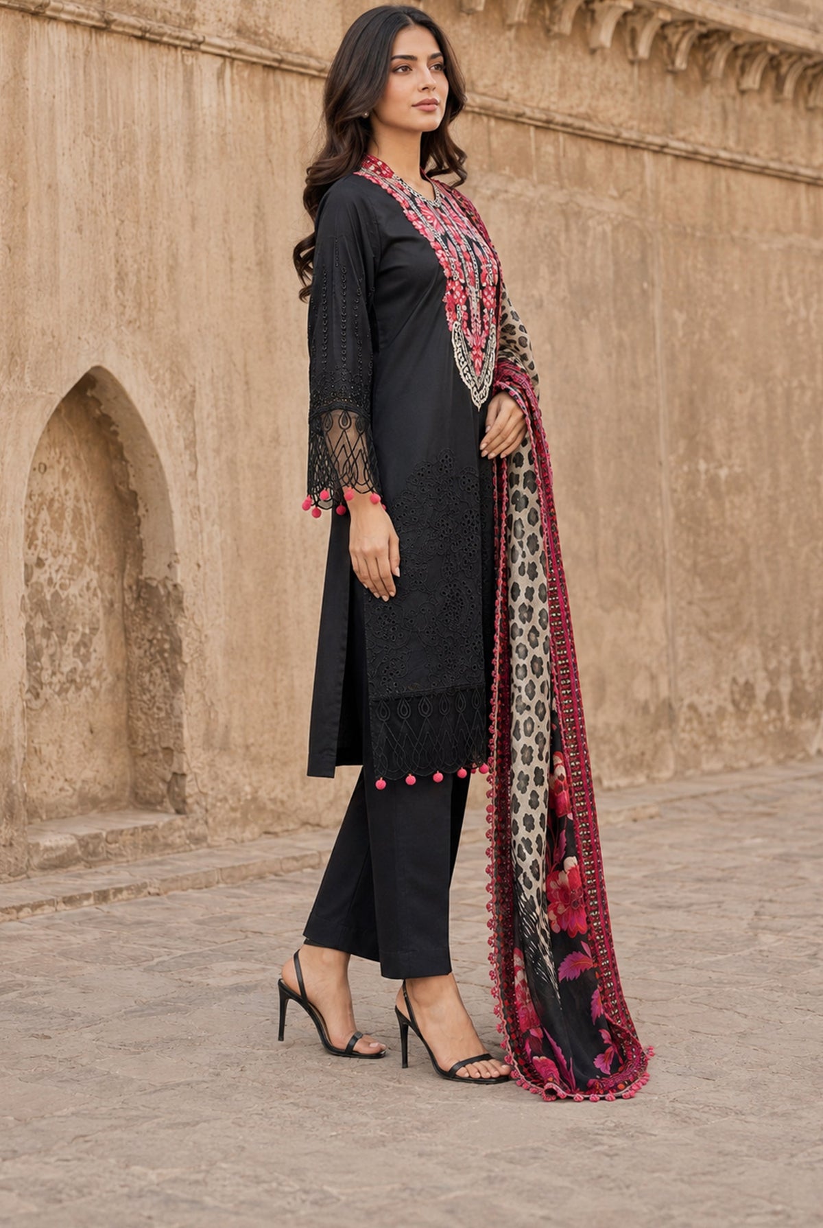 Flora F-34 stitched embroidered viscose 3 piece suit