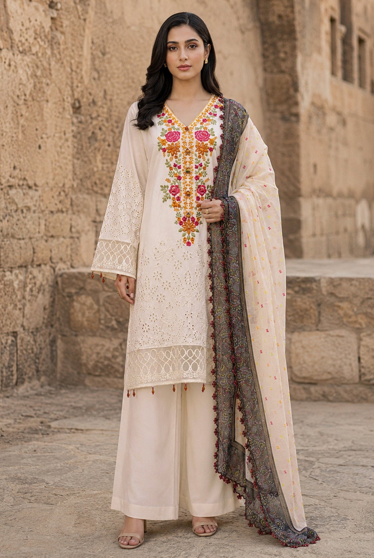Flora F-35 stitched embroidered viscose 3 piece suit