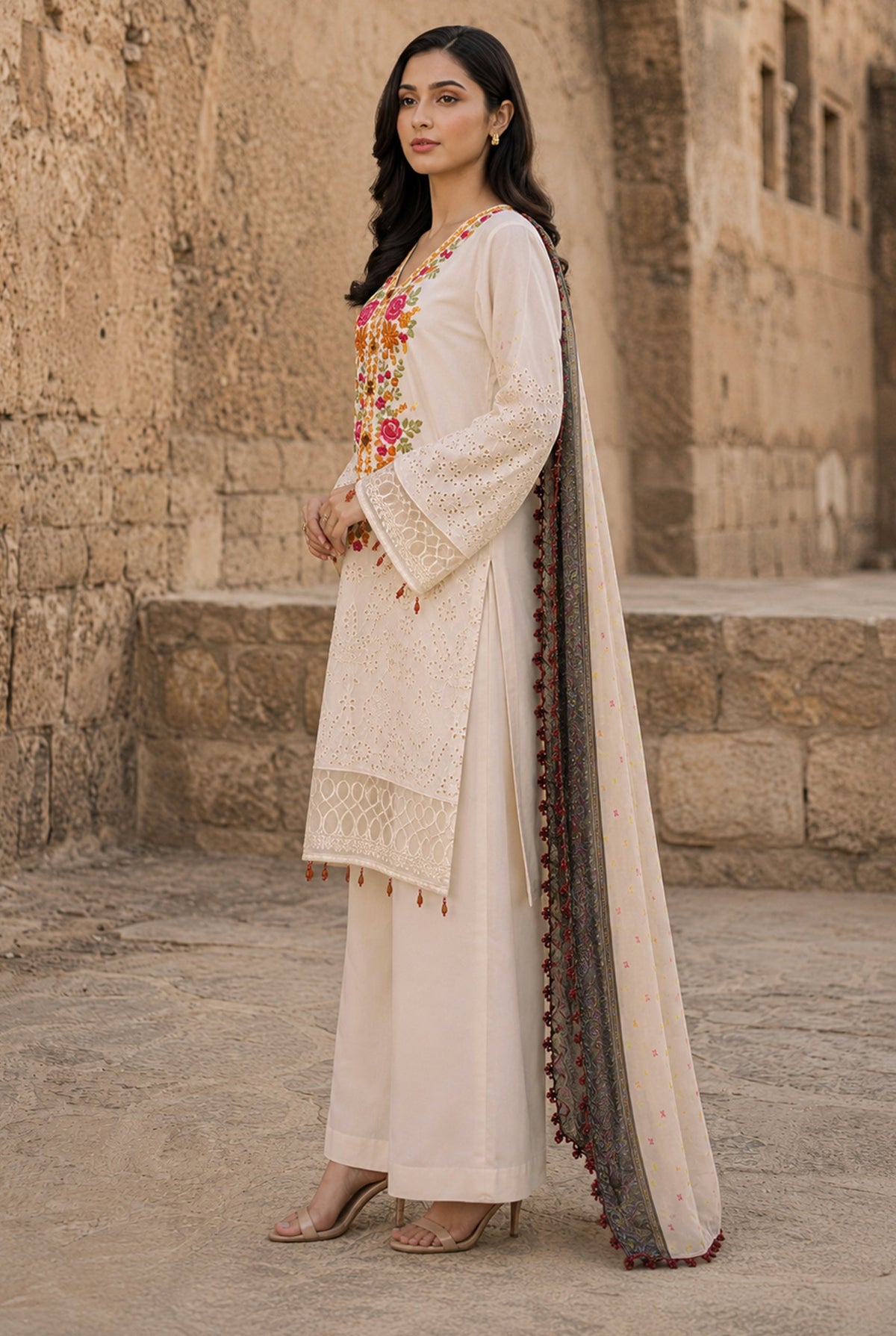 Flora F-35 stitched embroidered viscose 3 piece suit