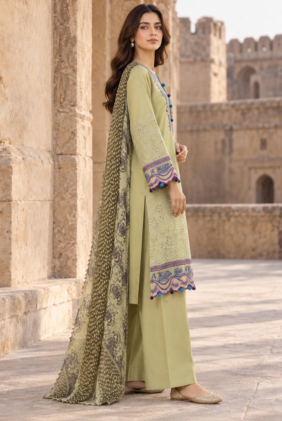 Flora F-36 stitched embroidered viscose 3 piece suit