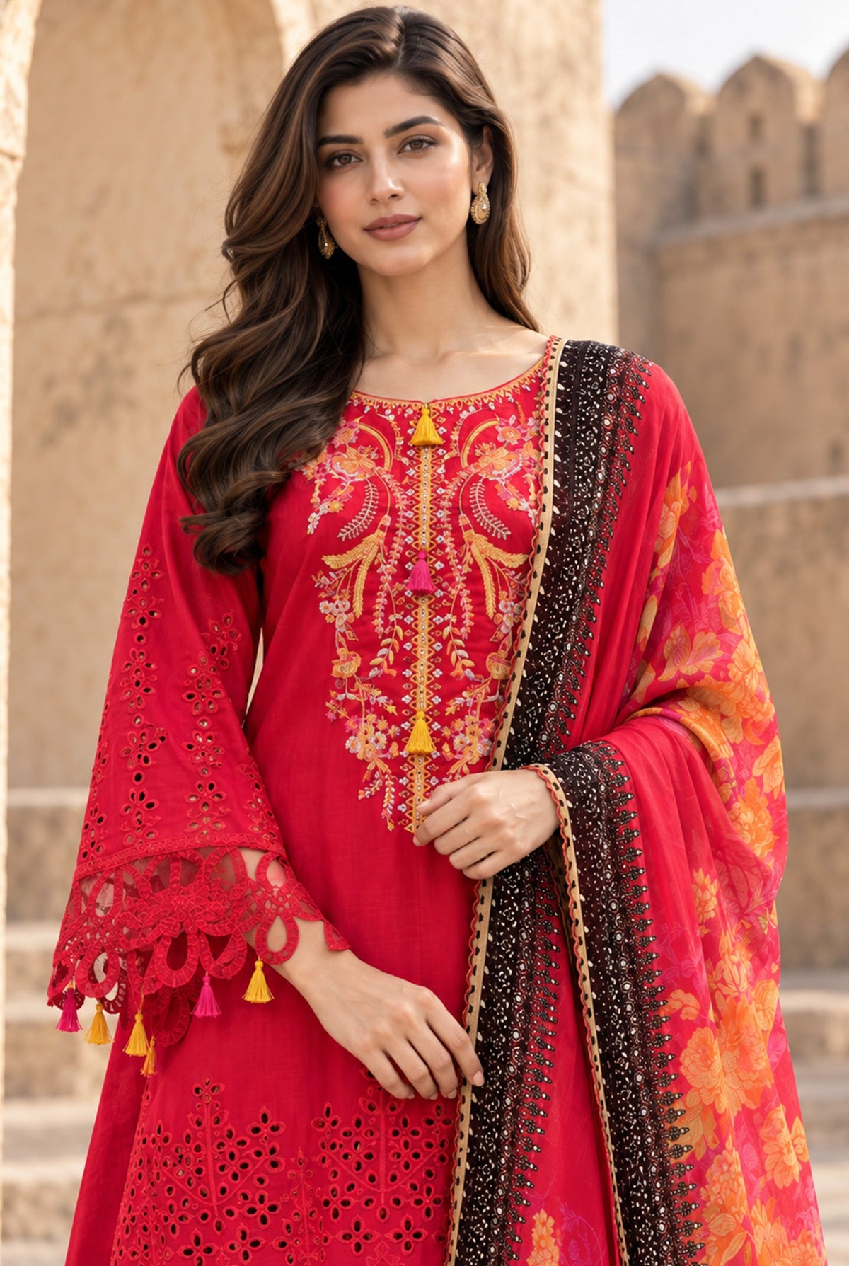 Flora F-37 stitched embroidered viscose 3 piece suit