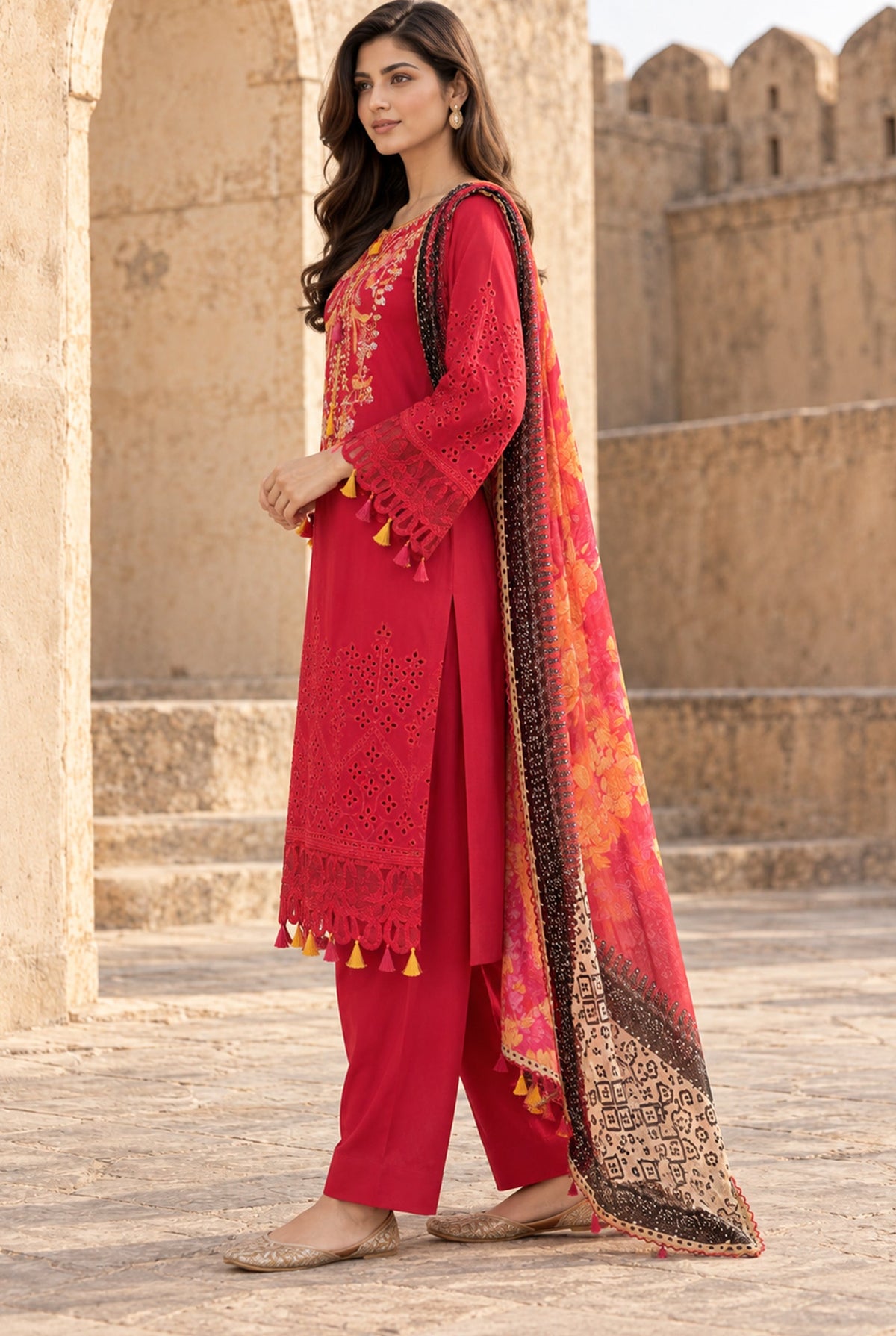 Flora F-37 stitched embroidered viscose 3 piece suit