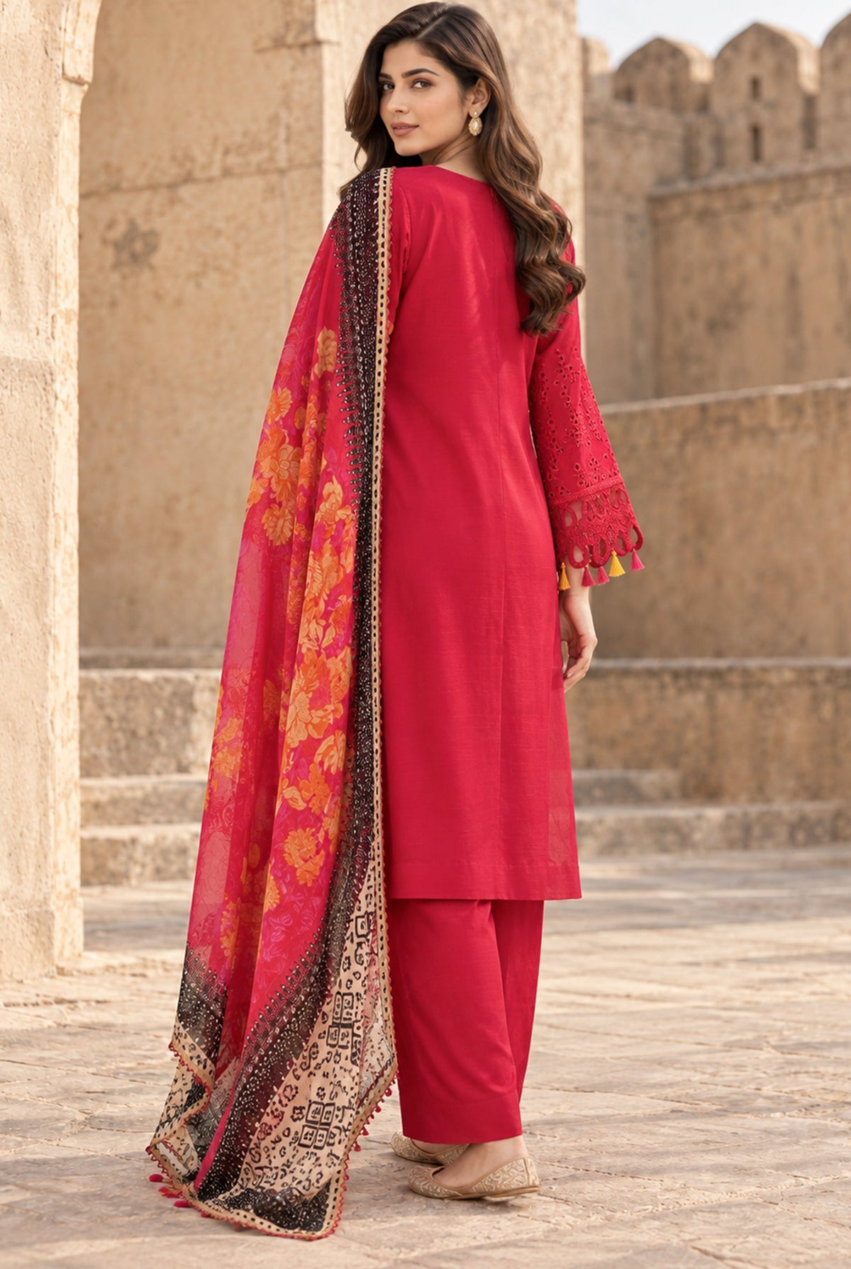 Flora F-37 stitched embroidered viscose 3 piece suit
