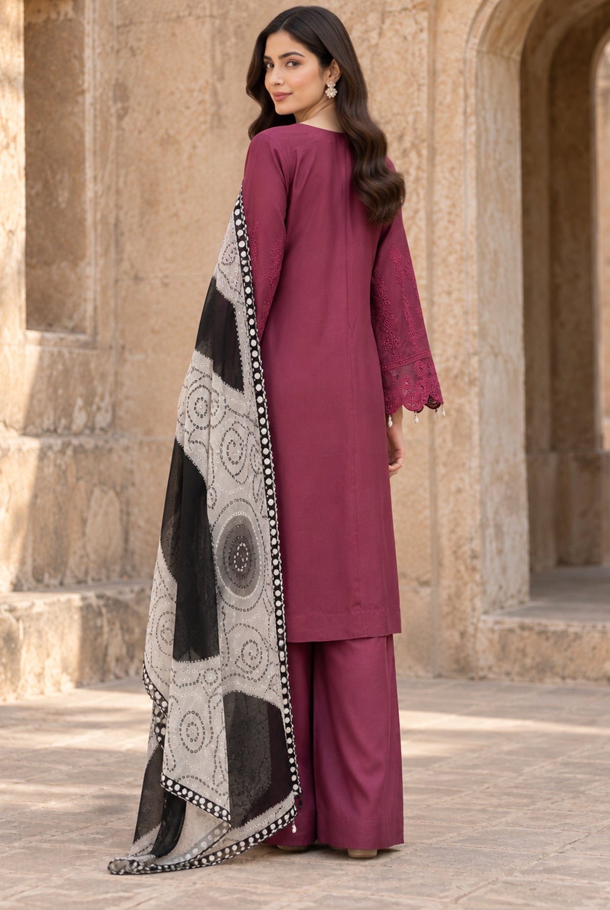 Flora F-38 stitched embroidered viscose 3 piece suit