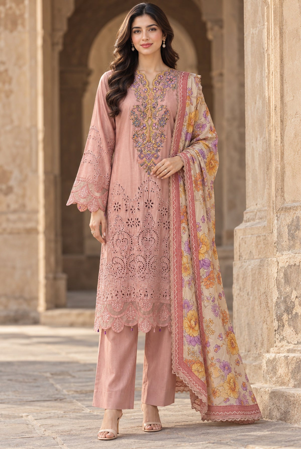 Flora F-40 stitched embroidered viscose 3 piece suit